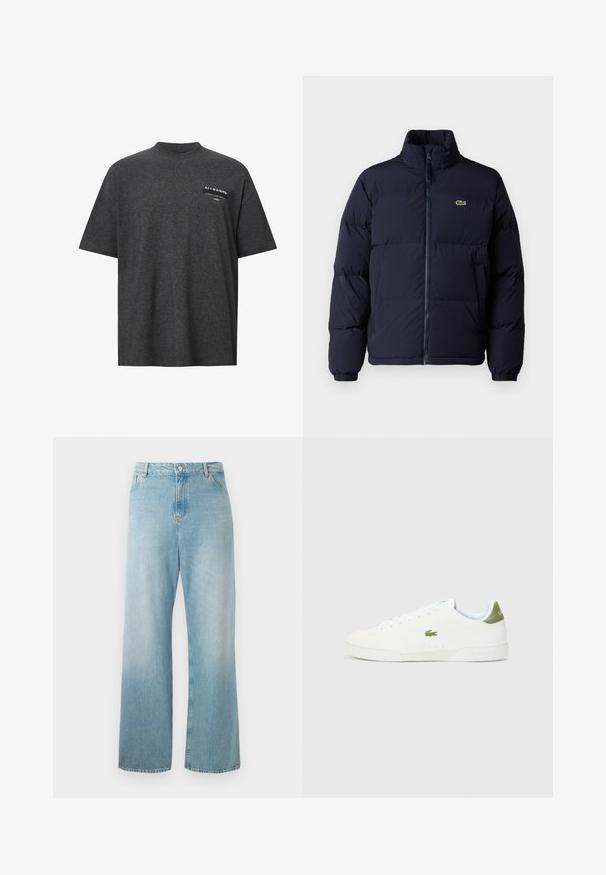 Jachetă puf navy blue cu guler înalt, închidere cu fermoar și manșete elastice. Prezintă un mic logo verde pe partea stângă a pieptului.; Tricou oversize de culoare gri închis, realizat dintr-un material moale, cu un decolteu la gât și un imprimeu pe piept cu text și logo alb.; Jeans largi de culoare albastru deschis, realizati din denim. Au talie inalta, buzunare frontale si un tiv curat. Textura moale cu un finisaj decolorat.; Adidași albi cu o textură fină, având un accent verde la călcâi și un mic logo brodat al unui crocodil pe lateral.