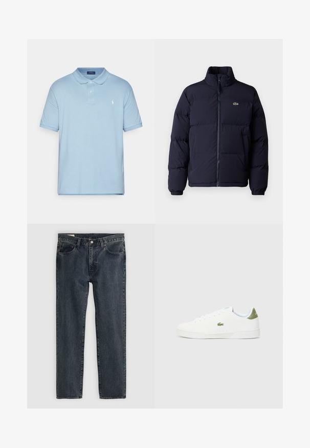 Casaco puffer azul-marinho com um colarinho alto, fecho de zíper e punhos elásticos. Apresenta um pequeno logótipo verde no lado superior esquerdo do peito.; Polo Ralph Lauren Big & Tall THE ICONIC MESH POLO SHIRT - Polo - vessel blue; Jeans de denim azul-escuro com um design de perna reta, cinco bolsos e fecho com botão. O tecido apresenta um desvanecimento sutil e textura.; Tênis brancos com uma textura suave, apresentando um detalhe verde no calcanhar e um pequeno logotipo de crocodilo bordado na lateral.