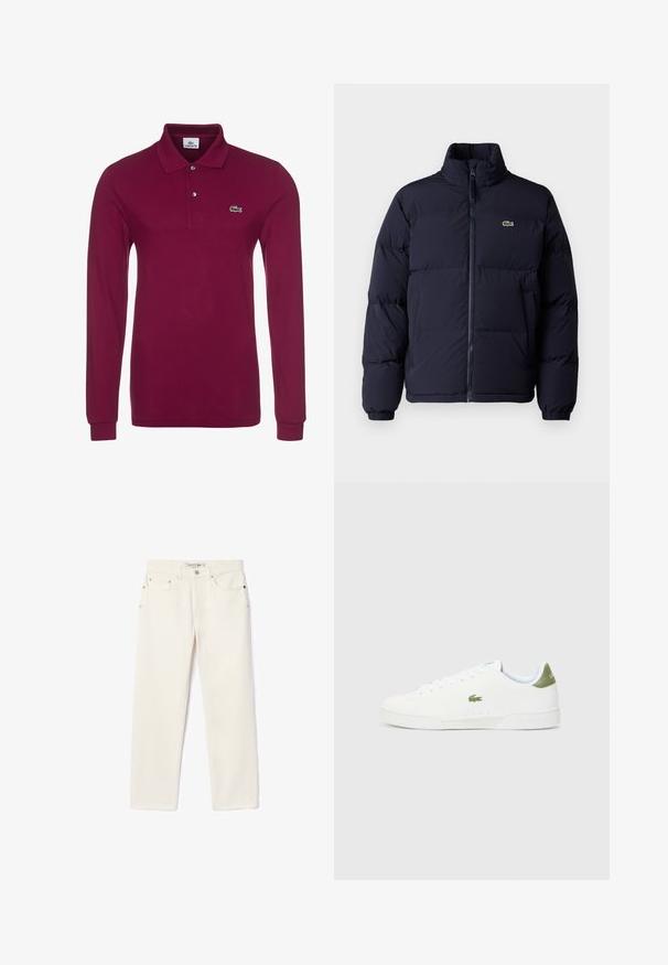 Meren värinen pumpattu takki korkealla kauluksella, vetoketjulla ja elastisilla hihansuilla. Takissa on pieni vihreä logo vasemmassa rintataskussa.; Paita polo lanti-ihnalla burgundy värissä, valmistettu tekstuurista kankaasta. Ominaisuuksiin kuuluu kaksinappinen kaulus ja vihreä brodeerattu logo rinnassa.; Kermainen farkkukangas, jossa on suora lahkeiden leikkaus, kaksi etutaskua, napp closure ja hillitty logotuli vyötärön lähellä.; Valkoiset tennarit, joissa on sileä pinta, vihreä yksityiskohta kantapäässä ja pieni brodeerattu krokotiililogo sivussa.