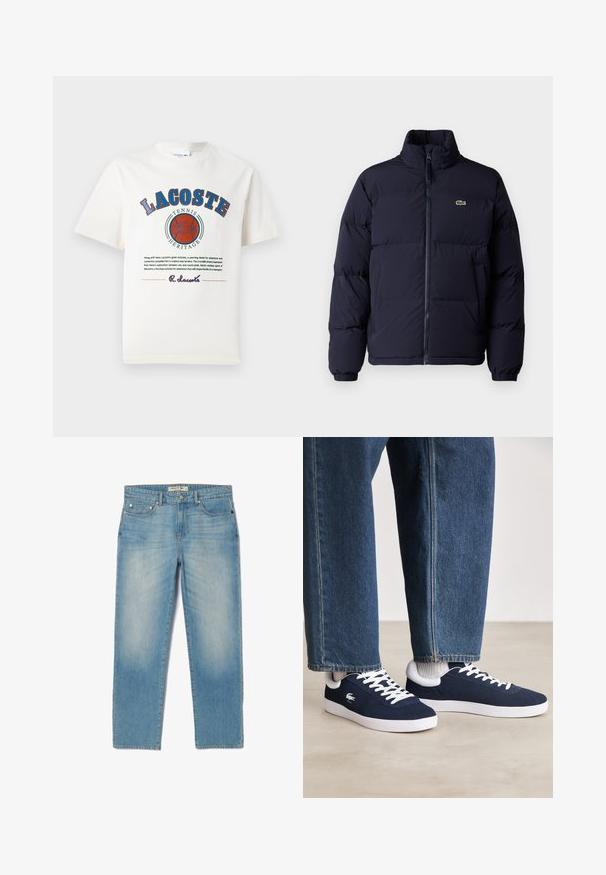 Meren värinen pumpattu takki korkealla kauluksella, vetoketjulla ja elastisilla hihansuilla. Takissa on pieni vihreä logo vasemmassa rintataskussa.; Valkoinen puuvillapaita, jossa on sinisiä ja punaisia graafisia tekstejä, kuvastoja ja logo etuosassa, pyöreällä kaula-aukolla ja lyhyillä hihoilla.; Vaaleansiniset farkut suoranlahkeisella muotoilulla, viidellä taskulla ja hieman haalistuneella pesulla. Varustettu hopeisilla yksityiskohdilla ja merkkihoukutuksella vyötäröllä.; Siniset kangaskengät valkoisilla nauhoilla ja kumipohjilla, esillä farkkuhousujen ja harmaiden ribattujen sukkien kanssa, vaaleanharmaalla pinnalla.