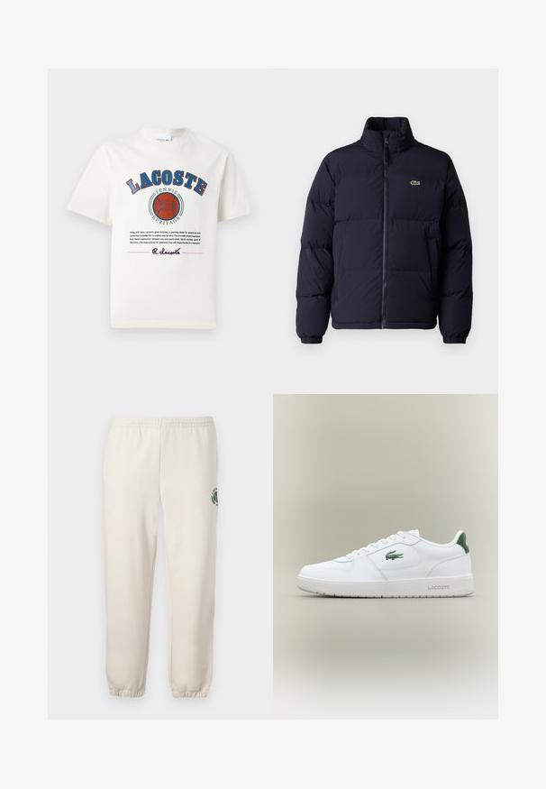 Tamsiai mėlynas pūkinis švarkas su aukštu kaklu, užtrauktuku ir elastingomis rankogaliais. Dominuoja mažas žalias logotipas kairiajame viršutiniame krūtinės kampelyje.; Balta medvilninė marškinėlių su mėlynomis ir raudonomis grafikos tekstų, iliustracijų ir logotipo detalėmis priekyje, su apvaliu iškirpimu ir trumpomis rankovėmis.; Šviesiai smėlinės spalvos medvilninės kelnės, su elastinga juosta, raukšlėtomis rankovėmis ir žalia logotipo su lapo dizainu kairiajame šone.; Balti odiniai sportbačiai su lygiu paviršiumi, žaliais akcentais ant kulno ir žalia logotipu šone. Siūlo plokščią pado struktūrą ir apvalią nosį.