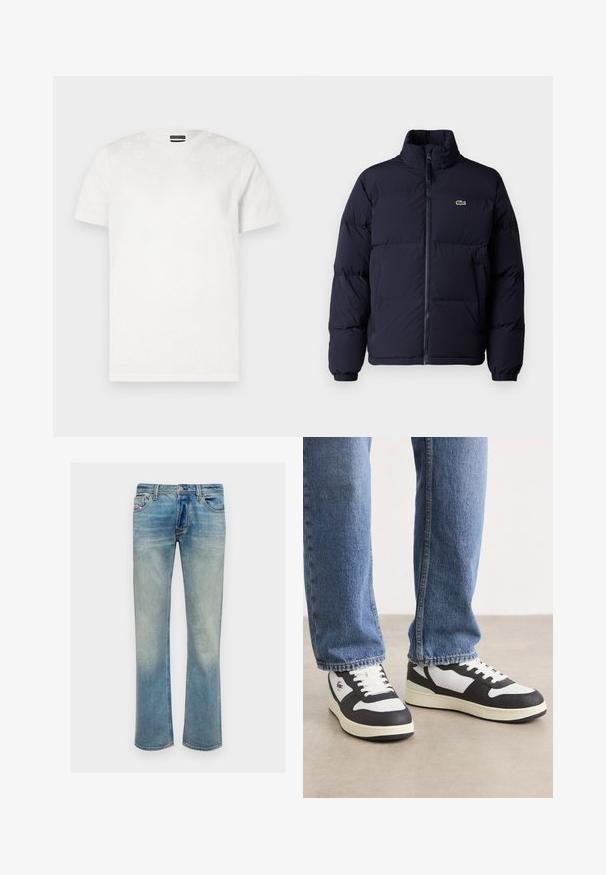 Ναυτικό μπλε μπουφάν με επένδυση, ψηλό γιακά, κλείσιμο με φερμουάρ και ελαστικούς μανσέτες. Διαθέτει μικρό πράσινο λογότυπο στην επάνω αριστερή πλευρά του στήθους.; Λευκό βαμβακερό μπλουζάκι με κοντά μανίκια που διαθέτει μια διακριτική υφασμάτινη υφή στο πάνω εμπρός μέρος. Στρογγυλή λαιμόκοψη, κανονική εφαρμογή.; Ανοιχτού μπλε τζιν παντελόνι με ίσια γραμμή, που διαθέτει δύο μπροστινές τσέπες, μέση με κουμπί και διακριτική φθορά.; Μαύρα και λευκά χαμηλά αθλητικά παπούτσια με υφή στην πάνω πλευρά, τρυπητό δάκτυλο, λευκές κορδόνες και σόλα σε κρέμα απόχρωση.