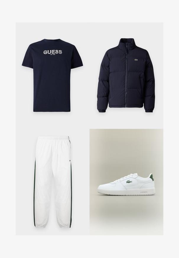Námořnická modrá péřová bunda s vysokým límcem, zipovým zapínáním a elastickými manžetami. Na levém horním prsu je umístěno malé zelené logo.; Námorně modré bavlněné tričko s krátkým rukávem, na kterém je stylizovaný nápis "GUESS" v bílé barvě a "EST. 1981" pod ním. Jednoduchý, ležérní design.; Bílé tepláky s tmavě zelenými postranními panely. Lehký materiál, elastický pas a stahované lemy. Obsahují síťovanou texturu na postranních panelech.; Bílé kožené tenisky s hladkým povrchem, zelenými akcenty na patě a zeleným logem na boku. Mají plochou podrážku a kulatou špičku.