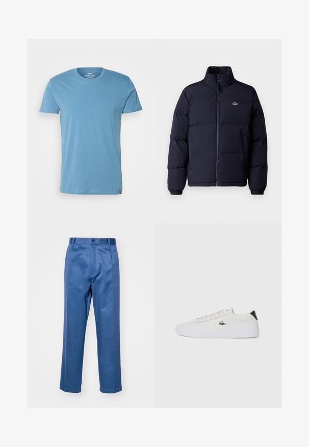 Tums zila pūkaini jaka ar augstu apkakli, ar rāvējslēdzēju un elastīgām piedurknēm. Pieder neliela zaļa logo augšējā kreisajā krūtīs.; Mads Nørgaard THOR TEE - Pamata T-krekls - captain`s blue; Zili bikses, kas izgatavotas no gluda auduma, ar taisnu kāju dizainu, pogu aizdari un smalkiem šuvuma akcentiem.; Baltas ādas sporta apavu modelis ar noapaļotu purngalu, sasienamu priekšpusi un melnu papēža akcentu. Satur nelielu izšūtu krokodila logo sānos.