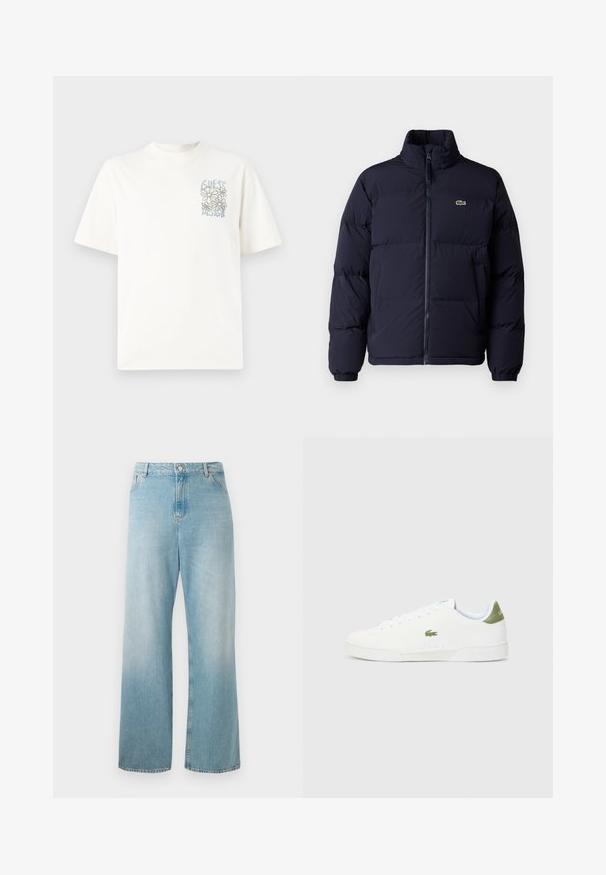 Navyblauwe pufferjack met een hoge kraag, ritssluiting en elastische manchetten. Heeft een klein groen logo op de linker bovenborst.; Witte katoenen t-shirt met korte mouwen, met een blauw en grijs bloemenontwerp en de tekst "GUESS DESIGN" in een geïllustreerde stijl.; Lichtblauwe, wijd uitlopende jeans van denim. Kenmerkt zich door een hoge taille, frontzakken en een schone zoom. Zachte textuur met een vervaagde afwerking.; Witte sneakers met een gladde textuur, voorzien van een groene accent bij de hiel en een klein geborduurd krokodillenlogo aan de zijkant.