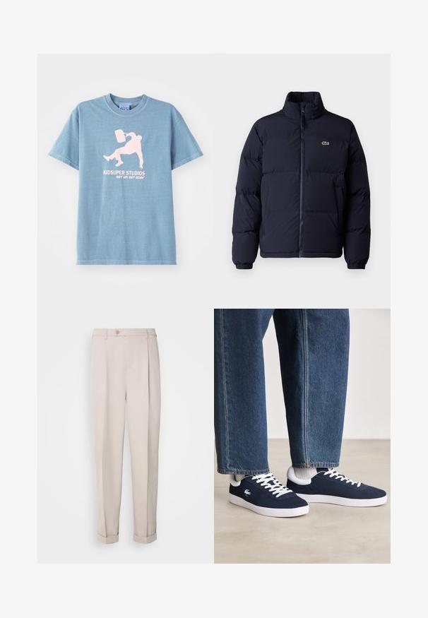 Mørkeblå puffjakke med høj krave, lynlås lukning og elastiske manchetter. Har et lille grønt logo på øverste venstre bryst.; Lyseblå bomulds t-shirt med rund halsudskæring, korte ærmer og et trykt grafik i pink, der forestiller en person, der holder en spand.; Beige bukser lavet af glat stof, med lige pasform, enkel fryns og opkrøllede vipper. Inkluderer en frontknaplukning.; Blå canvas sneakers med hvide snørebånd og gummisåler, præsenteret sammen med denimbukser og grå ribbestrikkede sokker, på en lys grå overflade.