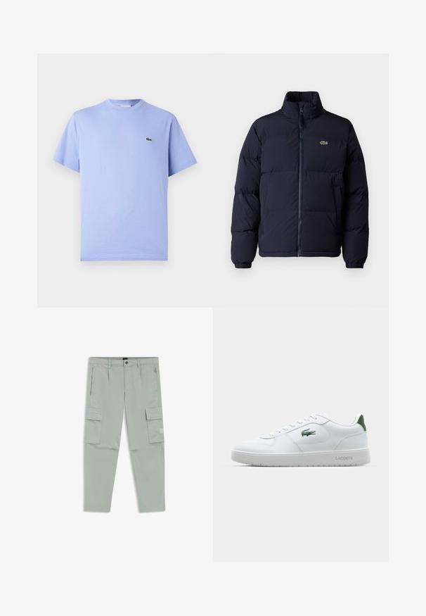 Navy blue puffer jacket with a high collar, zip closure, and elastic cuffs. Features a small green logo on the upper left chest.; Light blue cotton t-shirt with a round neck and short sleeves. Features a small embroidered green alligator logo on the chest.; Light green cargo pants made of soft fabric featuring front zip and button closure, two side pockets, and two large side cargo pockets.; White leather sneaker with a rubber sole, green heel accent, and a small green logo. Features textured side panels and round laces.