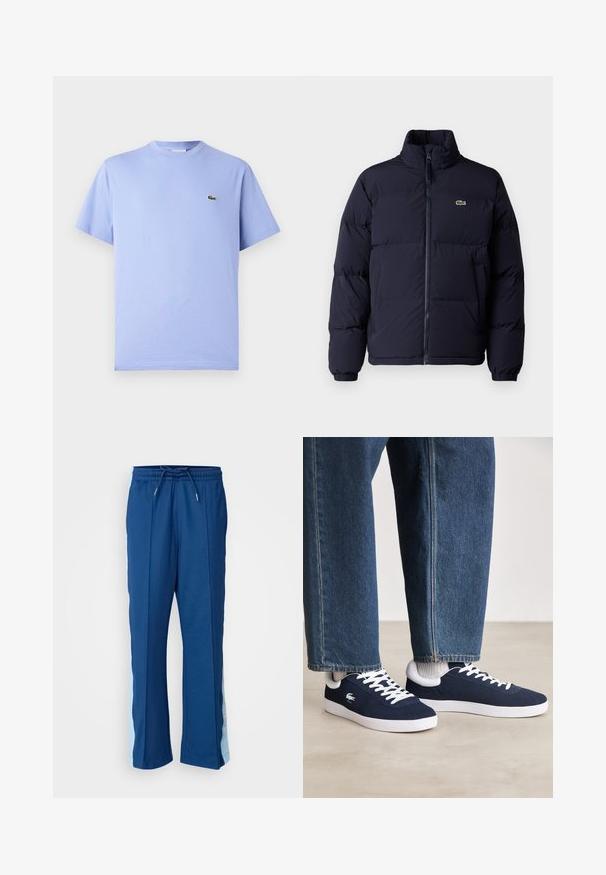 Mørkeblå puffjakke med høj krave, lynlås lukning og elastiske manchetter. Har et lille grønt logo på øverste venstre bryst.; Lyseblå bomulds T-shirt med rund hals og korte ærmer. Har et lille broderet grønt alligatorlogo på brystet.; Marineblå træningsbukser lavet af blød stof, med en snørregang i taljen og lyseblå sidelapper med et subtilt mønster.; Blå canvas sneakers med hvide snørebånd og gummisåler, præsenteret sammen med denimbukser og grå ribbestrikkede sokker, på en lys grå overflade.