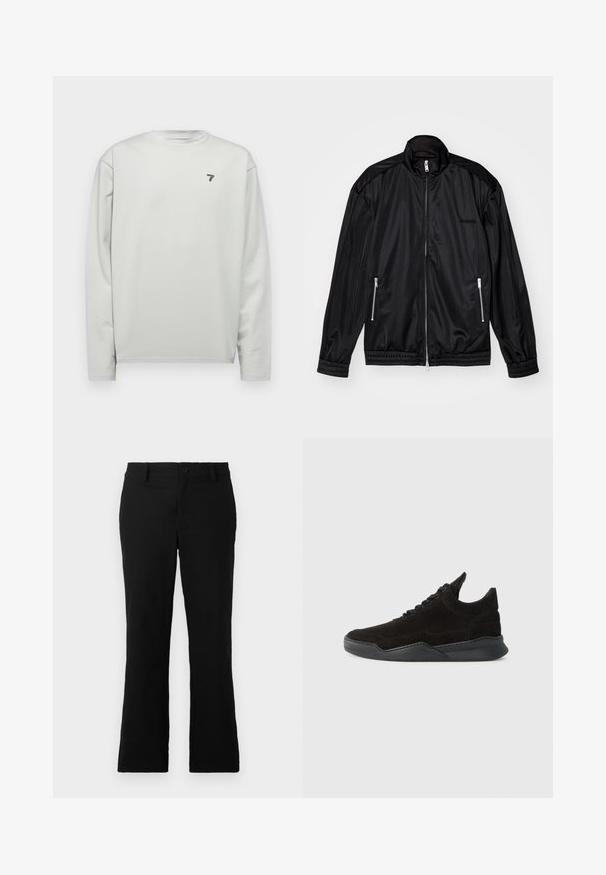 Fekete, cipzáros elülső dzseki könnyű, fényes anyagból. Két cipzáras zsebbe, álló gallérba, valamint elasztikus mandzsettákba és alsó szegélybe illeszkedik.; Világosszürke, hosszú ujjú póló kerek nyakkal, texturált anyagból készült, bal mellrészen egy kis tengerészkék logóval.; Fekete, harang fazonú nadrág, pamut keverékből készült, gombos záródással, övhurkokkal és sima textúrával, látható minták nélkül.; Fekete nubuk sportcipő alacsony profilú, texturált felsőrésszel, lapos fűzőkkel és szilárd gumitalppal, amely enyhe sarkot és ívelt formát tartalmaz.