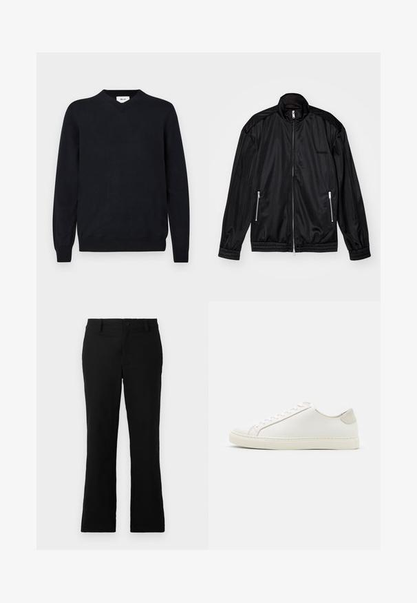 Czarna kurtka na zamek z lekkiego, błyszczącego materiału. Posiada dwie kieszenie na zamek, kołnierz typu stójka oraz elastyczne mankiety i dół.; Czarny sweter z dekoltem w serek, wykonany z miękkiego materiału, z długimi rękawami oraz ściągaczami przy mankietach i dolnym brzegu. Minimalistyczny design bez widocznych wzorów.; Czarne spodnie z szerokimi nogawkami wykonane z mieszanki bawełny, z zapięciem na guzik, szlufkami na pasek oraz gładką teksturą bez widocznych wzorów.; Białe skórzane sneakersy o gładkiej powierzchni, okrągłym nosku i minimalistycznym wzornictwie. Zawierają beżowe akcenty na pięcie oraz gumową podeszwę.
