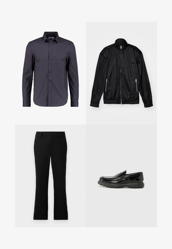 Black zip-front jacket in lightweight, glossy fabric. Features two zippered pockets, a stand-up collar, and elastic cuffs and hem.; Dark navy blue long-sleeve shirt made of smooth cotton, featuring a button-down front, classic collar, and a tailored fit.; Black flared trousers made of cotton blend fabric, featuring a button closure, belt loops, and a smooth texture with no visible patterns.; Black leather loafer with a glossy finish, rounded toe, subtle stitching details, and a thick rubber sole for durability.