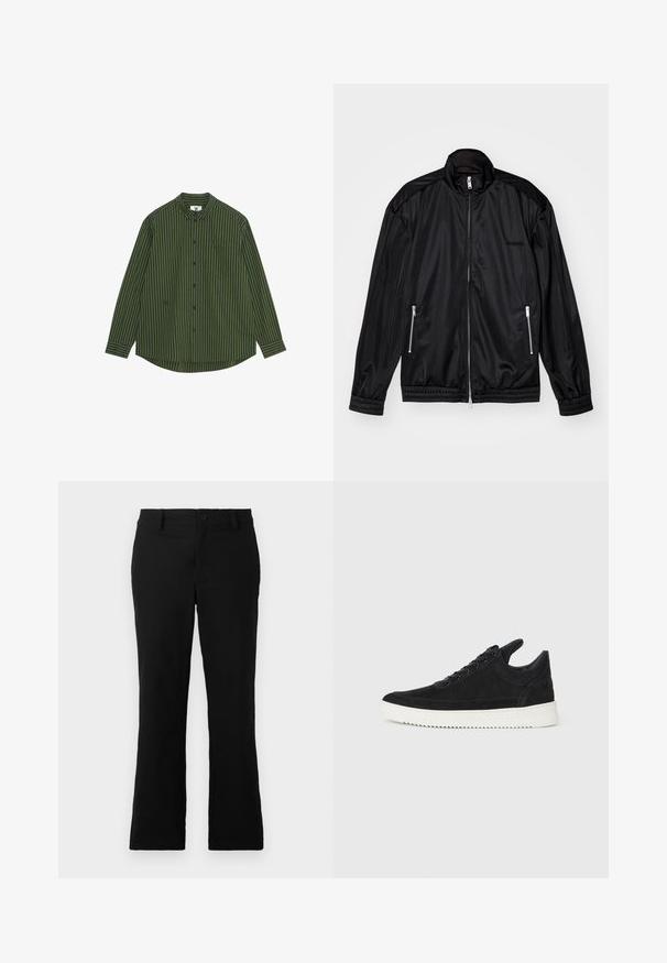 Czarna kurtka na zamek z lekkiego, błyszczącego materiału. Posiada dwie kieszenie na zamek, kołnierz typu stójka oraz elastyczne mankiety i dół.; Koszula z długim rękawem w ciemnozielone i granatowe pionowe paski, z zapięciem na guziki w kołnierzyku, kieszenią na lewej piersi oraz zaokrąglonym dołem.; Czarne spodnie z szerokimi nogawkami wykonane z mieszanki bawełny, z zapięciem na guzik, szlufkami na pasek oraz gładką teksturą bez widocznych wzorów.; Czarne zamszowe sneakersy z białą gumową podeszwą, z tonalnym przeszyciem i sznurowanym zapięciem. Gładka tekstura, nowoczesny, smukły kształt.