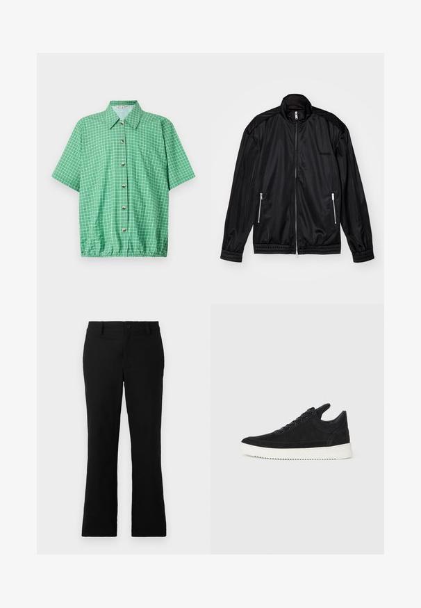 Svart glidelåsjakke i lett, glansete stoff. Har to glidelåslommer, stående krage og elastiske mansjetter og kant.; Grønn kortermet skjorte med rutemønster, knappelukking og elastisk kant. Laget av lett stoff med klassisk krage.; Svarte vide bukser laget av en bomullsblanding, med knappelukking, beltehemper og en glatt tekstur uten synlige mønstre.; Sorte semskede sneakers med hvit gummisåle, med tonale sømmer og snøring. Glatt tekstur med en moderne, strømlinjeformet form.