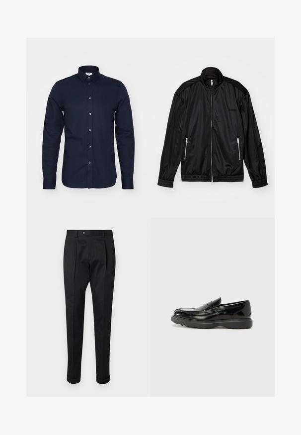 Giacca nera con zip frontale in un tessuto leggero e lucido. Presenta due tasche con zip, un colletto alto e polsini ed orlo elasticizzati.; Camicia a maniche lunghe blu navy in cotone con colletto button-down e bottoni frontali. Presenta una texture liscia e una vestibilità strutturata.; Pantaloni neri realizzati in un tessuto liscio, con una piega sul davanti, chiusura con bottone e risvolti alla caviglia.; Mocassino in pelle nera con finitura lucida, punta arrotondata, dettagli di cucitura sottili e suola in gomma spessa per una maggiore durata.