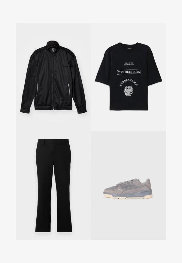 Chaqueta negra con cierre frontal en tejido ligero y brillante. Cuenta con dos bolsillos con cremallera, un cuello alto y puños y dobladillo elásticos.; Camiseta negra de gran tamaño con texto en blanco "Niños del Reino Ruidoso", "Nacidos en el Concreto", "Inquebrantable" y un gráfico detallado de un águila debajo.; Pantalones de campana negros hechos de una mezcla de algodón, con cierre de botón, trabillas para el cinturón y una textura suave sin patrones visibles.; Zapatilla de ante gris con detalles perforados, suela intermedia gris gruesa, suela exterior crema y cierre de cordones, mostrada en perfil lateral sobre fondo blanco.