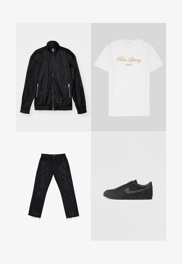 Černá bunda na zip vyrobená z lehkého, lesklého materiálu. Obsahuje dvě kapsy na zip, stojáčkový límec a elastické manžety a lem.; Bílý bavlněný tričko s zlatým textem, který zní "Palm Spring" a pod ním "California Love Eighty Five", volný střih, design s kulatým výstřihem.; Černé džíny z denimového materiálu s protrženými nášivkami, uvolněný střih, třepený lem a standardní pětikomorový design. Tkanina vypadá odolně a má texturovaný povrch.; Černé semišové tenisky s nízkým profilem, gumovou podrážkou, texturovanými bočními panely a tónovým logem Nike swoosh. Šněrování na přední části, polstrovaný límec.
