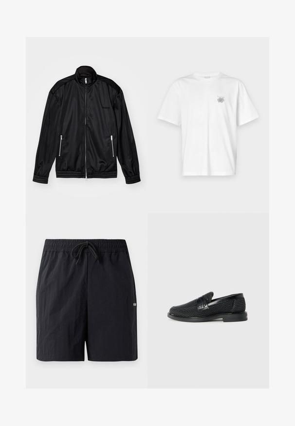Black zip-front jacket in lightweight, glossy fabric. Features two zippered pockets, a stand-up collar, and elastic cuffs and hem.; White t-shirt made of cotton featuring short sleeves, a crew neck, and a small gray logo on the left chest area. Smooth texture.; Black swim shorts made of textured fabric, featuring an elastic waistband with drawstring and a small logo on the side.; Black woven slip-on shoe with a smooth leather accent on the upper, a round toe design, and a low-profile rubber sole.