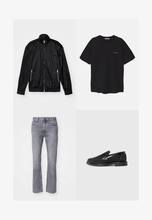 Musta vetoketjullinen takki kevyestä, kiiltävästä kankaasta. Varustettu kahdella vetoketjullisella taskulla, pystykauluksella sekä elastisilla hihansuilla ja helmalla.; Musta puuvillapaita, jossa on pyöreä kaula-aukko, lyhyet hihat ja valkoinen logopainatus vasemmassa rinnassa. Yksinkertainen, tasavärinen design.; Harmaat farkut, joissa on levenevä lahje ja haalistunut viimeistely, viisi taskua, etupainike kiinnitys ja vyölenkit. Klassinen suora lahje muotoilu.; Musta kudottu liukupohjallinen kenka, jossa on sileä nahkakorostus päällisessä, pyöreä kärki ja matala kumipohja.