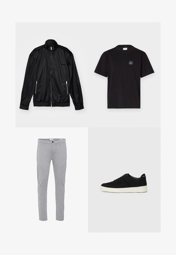 Sort jakke med lynlås fortil i let, glansfuld stof. Har to lynlåslommer, en opretstående krave og elastiske manchetter og kant.; Sort bomulds t-shirt med rund hals og korte ærmer. Har et lille blåt logo på venstre bryst. Simpel, lige snit design.; Grå bomuldsblandede bukser med slim fit, der har lynlås og knaplukning samt standardlommer for funktionalitet.; Sort ruskinds sneaker med snørebånd og kontrasterende hvid gummisål. Har teksturerede sidepaneler og diskret branding på hælen.
