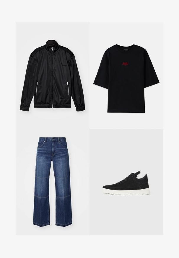 Schwarze Jacke mit Reißverschluss aus leichtem, glänzendem Stoff. Verfügt über zwei Reißverschlusstaschen, einen Stehkragen sowie elastische Bündchen und Saum.; Schwarzes Baumwoll-T-Shirt mit kurzen Ärmeln und Rundhalsausschnitt. Mit einem roten "SNAKE CHARMER"-Grafik auf der Brust.; Weite Jeans aus Denim in Dunkelblau, mit kontrastierenden Einsätzen, klassischem fünf Taschen-Design und traditionellen Nähdetails.; Schwarze Wildleder-Sneaker mit einer weißen Gummisohle, die sich durch elegante Nähte und ein schnürbares Design auszeichnen. Glatte Textur mit einer modernen, stromlinienförmigen Form.