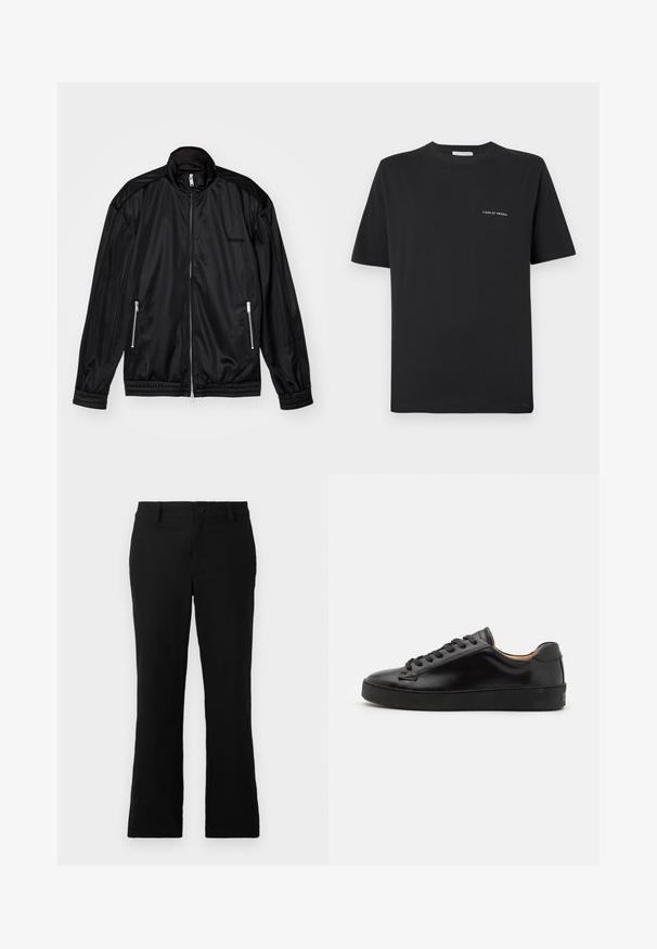 Svart glidelåsjakke i lett, glansete stoff. Har to glidelåslommer, stående krage og elastiske mansjetter og kant.; Svart bomulls T-skjorte med rund hals, korte ermer og en liten hvit "TIGER OF SWEDEN"-logo på brystet. Klassisk passform.; Svarte vide bukser laget av en bomullsblanding, med knappelukking, beltehemper og en glatt tekstur uten synlige mønstre.; Sorte lærersneakers med en glat finish, rund tå og sorte snørebånd. Har minimal branding på hælen og en gummiydersål.