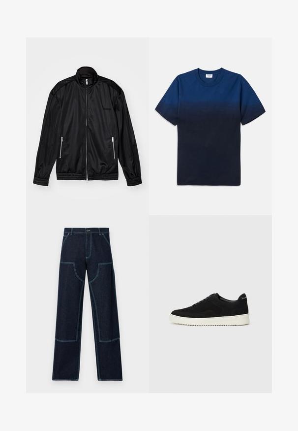 Black zip-front jacket in lightweight, glossy fabric. Features two zippered pockets, a stand-up collar, and elastic cuffs and hem.; Navy blue cotton t-shirt with a round neck, short sleeves, and a subtle gradient design transitioning from lighter to darker shades.; Dark denim pants with a loose fit, featuring contrasting light blue stitching and multiple patch pockets on the legs. Straight-leg design.; Black suede sneaker with lace-up design and contrasting white rubber sole. Features textured side panels and subtle branding on the heel.