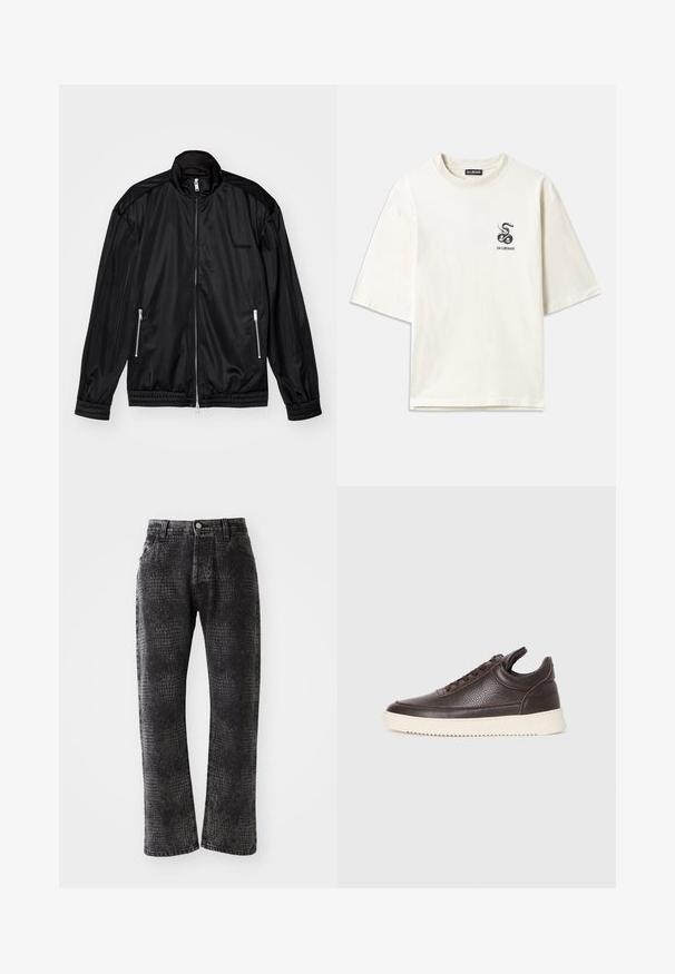 Svart glidelåsjakke i lett, glansete stoff. Har to glidelåslommer, stående krage og elastiske mansjetter og kant.; Kremfarget oversized T-skjorte laget av bomull. Den har korte ermer og et lite svart slangegrafikk på venstre bryst.; Svarte jeans med strukturert krokodillemønster, rett ben-design, fem lommer, og metallknapp og glidelås-lukking.; Mørkebrun strukturert lær sneakers med snøring foran og hvit, rillet gummisåle på en enkel lys bakgrunn.