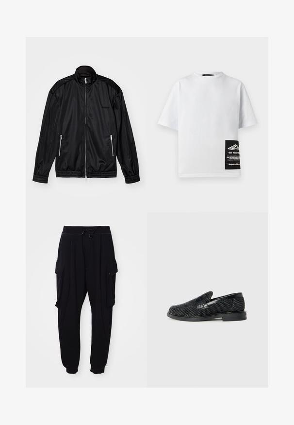 Must have mustakolline jope, mis on valmistatud kergetest ja läikivatest materjalidest. Praktilised kaks lukuga taskut, seisukohaga krae ning elastsed mansetid ja helk.; Valge puuvillane T-särk, ümmarguse kaelusega, lühikeste varrukatega ja must silt, millel on logo ja tekst alumises paremas nurgas.; Mustad mustad püksid, mis on valmistatud pehmest kangast, millel on elastne vöökoht ja nöör, külgmised kottpockets ja soonikuga pahkluud.; Must musta kootud slip-on king, millel on pehme nahast accent ülaserval, ümmargune varvas ja madal profiiliga kummitald.