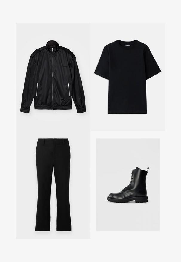 Black zip-front jacket in lightweight, glossy fabric. Features two zippered pockets, a stand-up collar, and elastic cuffs and hem.; Black cotton t-shirt with a crew neck and short sleeves. Features subtle logo embroidery on the left chest. Flat, smooth texture.; Black flared trousers made of cotton blend fabric, featuring a button closure, belt loops, and a smooth texture with no visible patterns.; Black leather lace-up boot with thick sole and pull tab on a plain light background, side view showing left boot.
