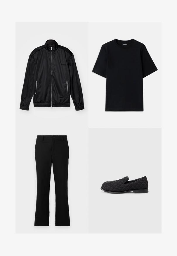 Schwarze Jacke mit Reißverschluss aus leichtem, glänzendem Stoff. Verfügt über zwei Reißverschlusstaschen, einen Stehkragen sowie elastische Bündchen und Saum.; Schwarzes Baumwoll-T-Shirt mit Rundhalsausschnitt und kurzen Ärmeln. Verfügt über eine dezente Logo-Stickerei auf der linken Brust. Flaue, glatte Textur.; Schwarze, weit geschnittene Hosen aus einem Baumwollgemisch, mit einem Knopfverschluss, Gürtelschlaufen und einer glatten Textur ohne sichtbare Muster.; Schwarzer gesteppter Slipper mit einem strukturierten Textil-Obermaterial, runder Zehenpartie und einer flachen schwarzen Sohle, die mit einer Rautensteppung verziert ist.