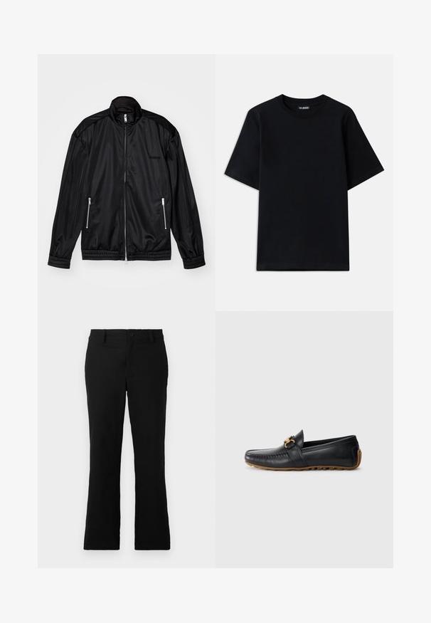 Čierna bunda na zips vyrobená z ľahkej, lesklej látky. Obsahuje dve vrecká na zips, stojatý golier a elastické manžety a spodný lem.; Čierne bavlnené tričko s okrúhlym výstrihom a krátkymi rukávmi. Má jemné výšivku loga na ľavej hrudi. Hladká, jemná textúra.; Čierne rozšírené nohavice z bavlnenej zmesi, s gombíkovým zapínaním, pútkami na opasok a hladkým povrchom bez viditeľných vzorov.; Čierne kožené loafery s okrúhlou špičkou, dekoratívnou zlatou sponou a gumovou podrážkou. Obsahujú švové detaily na vrchnej časti a po stranách.