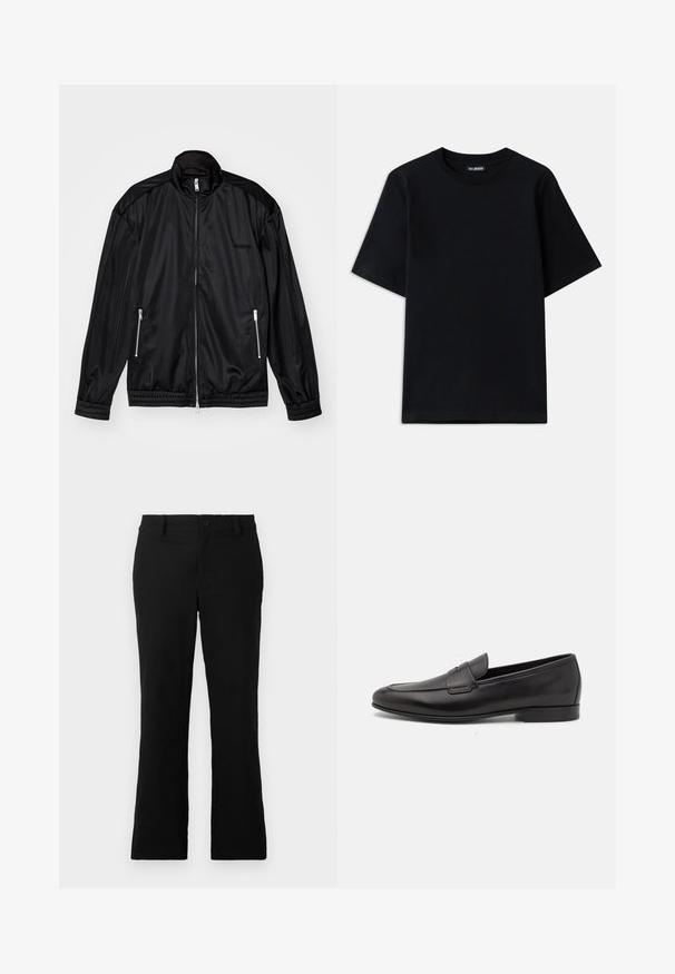 Schwarze Jacke mit Reißverschluss aus leichtem, glänzendem Stoff. Verfügt über zwei Reißverschlusstaschen, einen Stehkragen sowie elastische Bündchen und Saum.; Schwarzes Baumwoll-T-Shirt mit Rundhalsausschnitt und kurzen Ärmeln. Verfügt über eine dezente Logo-Stickerei auf der linken Brust. Flaue, glatte Textur.; Schwarze, weit geschnittene Hosen aus einem Baumwollgemisch, mit einem Knopfverschluss, Gürtelschlaufen und einer glatten Textur ohne sichtbare Muster.; Schwarze Leder-Herrenloafer mit niedrigem Absatz und klassischem Penny-Riemen-Design, seitlich auf einem weißen Hintergrund dargestellt.