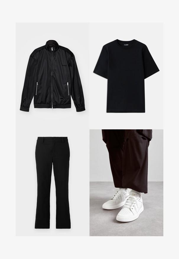 Crna jakna s patentnim zatvaračem od lagane, sjajne tkanine. Ima dva patentna džepa, stojeći ovratnik, te elastične rukave i donji rub.; Crna pamučna majica s okruglim izrezom i kratkim rukavima. Ima diskretno izvezeno logotip na lijevoj strani prsa. Ravna, glatka tekstura.; Crne trapezaste hlače od mješavine pamuka, sa kopčanjem na dugme, petljama za pojas i glatkom teksturom bez vidljivih uzoraka.; Bijele visoke tenisice od glatke kože imaju perforirano prednje dijelo, ravne bijele vezice i suptilni zlatni detalj na peti.