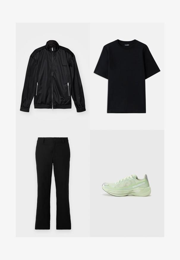 Casaco preto com fecho à frente em tecido leve e brilhante. Apresenta dois bolsos com fecho, gola alta e punhos e bainha elásticos.; Camiseta de algodão preta com decote redondo e mangas curtas. Apresenta um discreto bordado do logótipo no lado esquerdo do peito. Textura lisa e suave.; Calças flare pretas feitas de um tecido de algodão misto, com fecho de botão, passantes para cinto e uma textura suave sem padrões visíveis.; Sapatilha desportiva verde-claro com parte superior em rede, detalhes prateados e uma sola grossa com um padrão texturizado. Logótipo da marca visível ao lado.