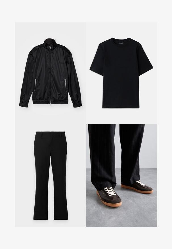 Chaqueta negra con cierre frontal en tejido ligero y brillante. Cuenta con dos bolsillos con cremallera, un cuello alto y puños y dobladillo elásticos.; Camiseta de algodón negra con cuello redondo y mangas cortas. Presenta un sutil bordado del logo en el lado izquierdo del pecho. Textura plana y suave.; Pantalones de campana negros hechos de una mezcla de algodón, con cierre de botón, trabillas para el cinturón y una textura suave sin patrones visibles.; Zapatillas de gamuza marrón oscuro con cordones crema, detalles blancos y una suela de goma color marrón claro. Combinadas con pantalones negros de rayas.