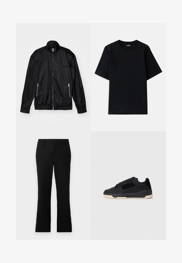 Czarna kurtka na zamek z lekkiego, błyszczącego materiału. Posiada dwie kieszenie na zamek, kołnierz typu stójka oraz elastyczne mankiety i dół.; Czarna bawełniana koszulka z okrągłym dekoltem i krótkimi rękawami. Zawiera subtelną haftowaną grafikę na lewym piersi. Płaska, gładka tekstura.; Czarne spodnie z szerokimi nogawkami wykonane z mieszanki bawełny, z zapięciem na guzik, szlufkami na pasek oraz gładką teksturą bez widocznych wzorów.; Czarne niskie sneakersy z grubą beżową podeszwą, z panelami ze zamszu i skóry oraz okrągłymi czarnymi sznurowadłami, przedstawione w lewym profilu bocznym.