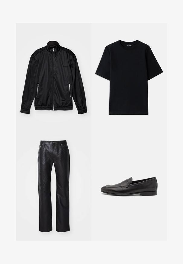 Zwarte ritsjas met een lichtgewicht, glanzende stof. Voorzien van twee ritszakken, een staande kraag en elastische boorden en zoom.; Zwart katoenen T-shirt met een ronde hals en korte mouwen. Bevat subtiele logo borduursels op de linkerborst. Vlakke, gladde textuur.; Zwarte broek van gestructureerd materiaal met een subtiel patroon. Rechtaf broekontwerp met vijf zakken en metalen hardwaredetails.; Zwarte leren herenloafers met een lage hak en een klassiek pennystrap-ontwerp, getoond in zijaanzicht op een witte achtergrond.