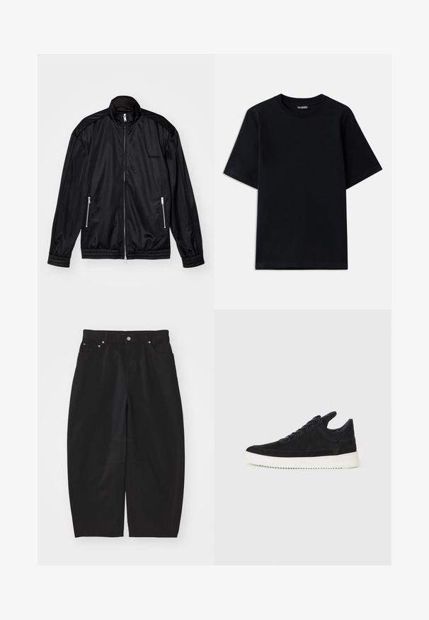 Chaqueta negra con cierre frontal en tejido ligero y brillante. Cuenta con dos bolsillos con cremallera, un cuello alto y puños y dobladillo elásticos.; Camiseta de algodón negra con cuello redondo y mangas cortas. Presenta un sutil bordado del logo en el lado izquierdo del pecho. Textura plana y suave.; Helmut Lang COCOON GALLERY - Vaqueros boyfriend - black; Zapatilla de ante negra con suela de goma blanca, que presenta costuras en el mismo tono y un diseño de cordones. Textura suave con una forma moderna y aerodinámica.