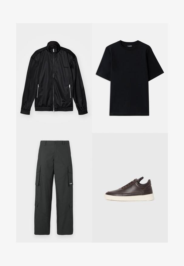 Black zip-front jacket in lightweight, glossy fabric. Features two zippered pockets, a stand-up collar, and elastic cuffs and hem.; Black cotton t-shirt with a crew neck and short sleeves. Features subtle logo embroidery on the left chest. Flat, smooth texture.; Black straight-leg cargo pants with side flap pockets, button closure, belt loops, and small white logo on right pocket flap.; Dark brown textured leather sneaker with lace-up front and white ridged rubber sole on a plain light background.