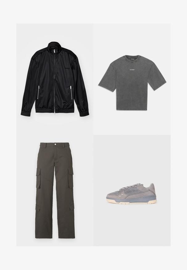 Must have mustakolline jope, mis on valmistatud kergetest ja läikivatest materjalidest. Praktilised kaks lukuga taskut, seisukohaga krae ning elastsed mansetid ja helk.; Süsinikhalli värvi, üle mõõdu suurusega lühikeste varrukatega T-särk, millel on rindkeres keskelt väike valge "HAN KJØBENHAVN" logo.; Tumedashallased sirged cargo püksid, millel on nööbikinnitus ja neli klapptaskut, kaks reitele ja kaks säärtel.; Hallux nappatossud sünnitajatega, paks hall vaheosa, kreemjas väliosa ja nööbid, kujutatud külgprofiilis valgel taustal.