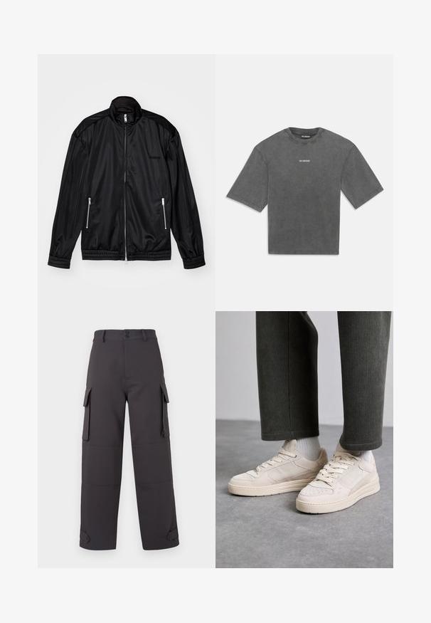 Črna jakna z zadrgo spredaj, izdelana iz lahkotnega, sijočega materiala. Ima dva žepa z zadrgo, ovratnik, ki stoji pokončno, ter elastične manžete in rob.; Ovenjelen siva kratka majica z oversize krojem in majhnim belim logotipom "HAN KJØBENHAVN" na sredini prsnega dela.; Cargo hlače v temno sivi barvi, narejene iz gladkega materiala, z dvema stranskima žepoma in gumbnimi zapiranji. Ohlapna zasnova z manšetami na koncu hlač.; Bež športni copati iz suede in mrežastega materiala, z perforiranimi detajli, ravnimi vezalkami in debelim podplatom. Nosi se z zelenimi kord pajkicami.