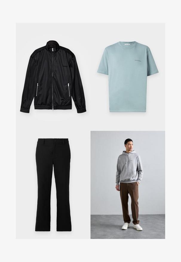 Black zip-front jacket in lightweight, glossy fabric. Features two zippered pockets, a stand-up collar, and elastic cuffs and hem.; Light blue cotton T-shirt with a crew neck, short sleeves, and a small "TIGER OF SWEDEN" logo on the left chest. Smooth texture.; Black flared trousers made of cotton blend fabric, featuring a button closure, belt loops, and a smooth texture with no visible patterns.; Gray hoodie with a front pocket, drawstring hood, and blue logo. Worn with brown trousers and white sneakers on a smooth gray surface.