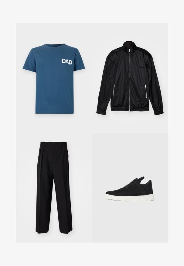 Zwarte ritsjas met een lichtgewicht, glanzende stof. Voorzien van twee ritszakken, een staande kraag en elastische boorden en zoom.; Blauwe katoenen t-shirt met korte mouwen en een ronde hals, met een witte "DAD"-tekstprint op de linkerkant van de borst.; Zwarte geplooide broeken met een rechte, brede pijpontwerp. Gemaakt van soepele stof, met een knoopsluiting en riemlussen.; Zwarte suède sneakers met een witte rubberen zool, voorzien van tonale stiksels en een vetersluiting. Glad oppervlak met een moderne, gestroomlijnde vorm.
