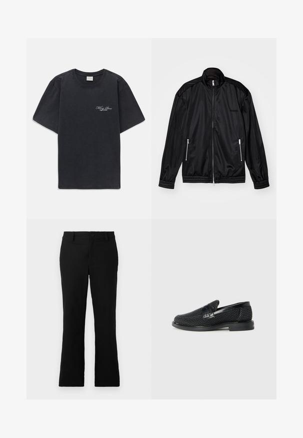 Černá bunda na zip vyrobená z lehkého, lesklého materiálu. Obsahuje dvě kapsy na zip, stojáčkový límec a elastické manžety a lem.; Černé tričko s krátkým rukávem a kulatým výstřihem s malým bílým logem "Filling Pieces" na levé hrudi.; Černé rozšiřující se kalhoty vyrobené z bavlněné směsi, s knoflíkovým uzávěrem, poutky na pás a hladkou strukturou bez viditelných vzorů.; Černé pletené nazouvací boty s hladkým koženým akcentem na svršku, kulatou špičkou a nízkoprofilovou gumovou podrážkou.