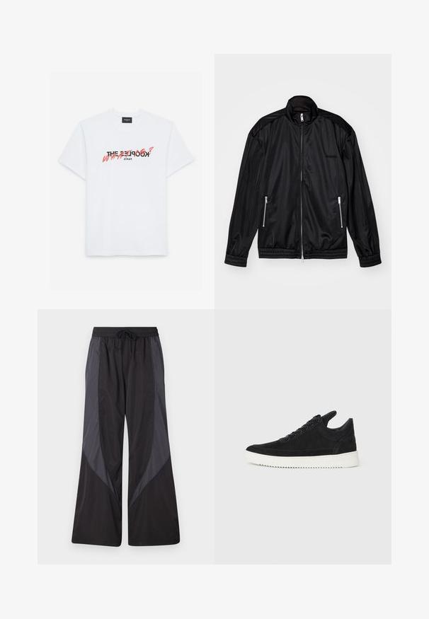 Black zip-front jacket in lightweight, glossy fabric. Features two zippered pockets, a stand-up collar, and elastic cuffs and hem.; White cotton t-shirt with short sleeves featuring a black and coral graphic print. Text reads: "THE KOOPLES? WHAT?" and "PARIS."; Han Kjøbenhavn PANELLED TRACK TROUSERS - Tracksuit bottoms - anthracite black; Black suede sneaker with a white rubber sole, featuring tonal stitching and lace-up design. Smooth texture with a modern, streamlined shape.