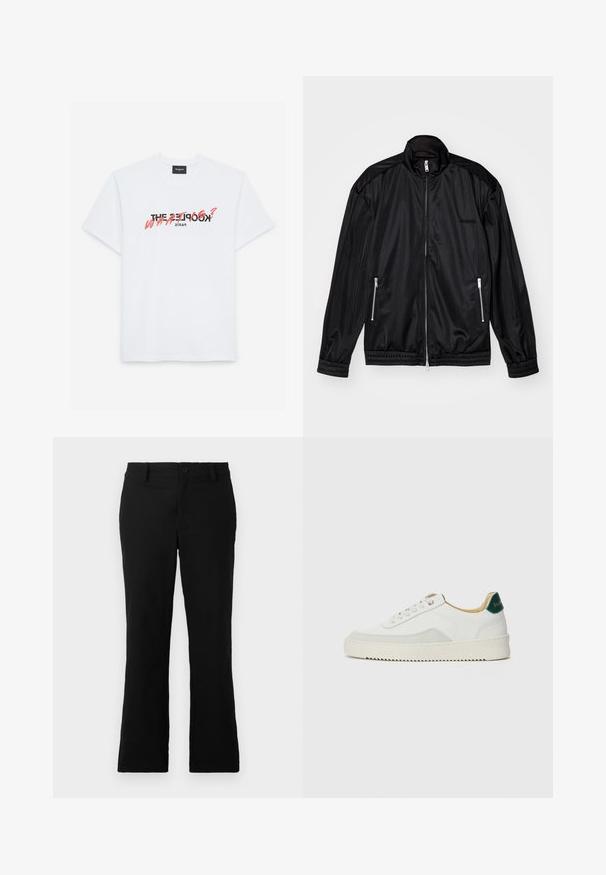 Casaco preto com fecho à frente em tecido leve e brilhante. Apresenta dois bolsos com fecho, gola alta e punhos e bainha elásticos.; T-shirt de algodão branco com mangas curtas, apresentando uma impressão gráfica em preto e coral. O texto diz: "THE KOOPLES? WHAT?" e "PARIS."; Calças flare pretas feitas de um tecido de algodão misto, com fecho de botão, passantes para cinto e uma textura suave sem padrões visíveis.; Tênis brancos com detalhes em camurça, bico arredondado, atacadores planos e sola de borracha creme. Apresenta uma marcação verde no calcanhar.