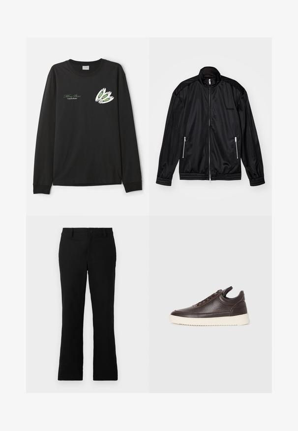 Casaco preto com fecho à frente em tecido leve e brilhante. Apresenta dois bolsos com fecho, gola alta e punhos e bainha elásticos.; T-shirt preto de manga longa, feito de algodão, com um design gráfico de três penas brancas com detalhes em verde e vermelho no lado esquerdo do peito.; Calças flare pretas feitas de um tecido de algodão misto, com fecho de botão, passantes para cinto e uma textura suave sem padrões visíveis.; Sapatilha de couro texturado castanho escuro com atacadores à frente e sola de borracha branca estriada sobre um fundo claro.