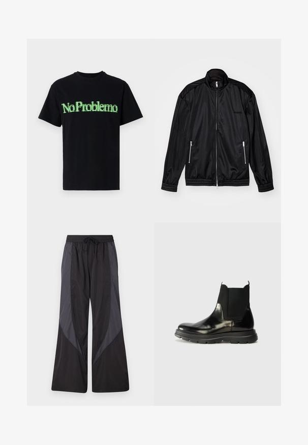 Černá bunda na zip vyrobená z lehkého, lesklého materiálu. Obsahuje dvě kapsy na zip, stojáčkový límec a elastické manžety a lem.; Černé bavlněné tričko s krátkým rukávem a kruhovým výstřihem, se zeleným pixelovaným nápisem "No Problemo" na přední straně.; Han Kjøbenhavn PANELLED TRACK TROUSERS - Teplákové kalhoty - anthracite black; Černé kožené Chelsea boty s elastickými bočními panely, kulatou špičkou a texturovanou gumovou podrážkou se drážkami pro lepší trakci.