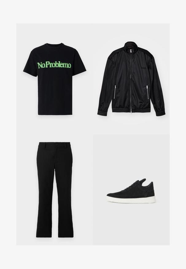 Melnā jaka ar rāvējslēdzēju, izgatavota no viegla, spīdīga materiāla. Tam ir divas rāvējslēdzēju kabatas, stāvoša apkakle un elastīgas aproces un apakšmala.; Melnas kokvilnas T-krekls ar zaļu pikselētu grafikas tekstu "No Problemo" priekšā. Īsās piedurknes un apaļa kakla izgriezums.; Melni plati bikses, izgatavotas no kokvilnas sajaukuma auduma, ar pogu aizdari, jostas cilpām un gludu tekstūru, bez redzamām rakstām.; Melna zamša apavi ar baltu gumijas zoli, ar tonālu izšuvumu un auklu dizainu. Gluda tekstūra ar mūsdienīgu, plūstošu formu.