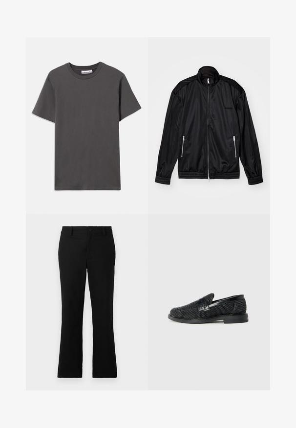 Black zip-front jacket in lightweight, glossy fabric. Features two zippered pockets, a stand-up collar, and elastic cuffs and hem.; Plain dark gray short-sleeve crew neck T-shirt with a small white brand label inside the collar on a white background.; Black flared trousers made of cotton blend fabric, featuring a button closure, belt loops, and a smooth texture with no visible patterns.; Black woven slip-on shoe with a smooth leather accent on the upper, a round toe design, and a low-profile rubber sole.